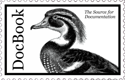 This is a skeuomorphic “postage stamp” with the DocBook logo.