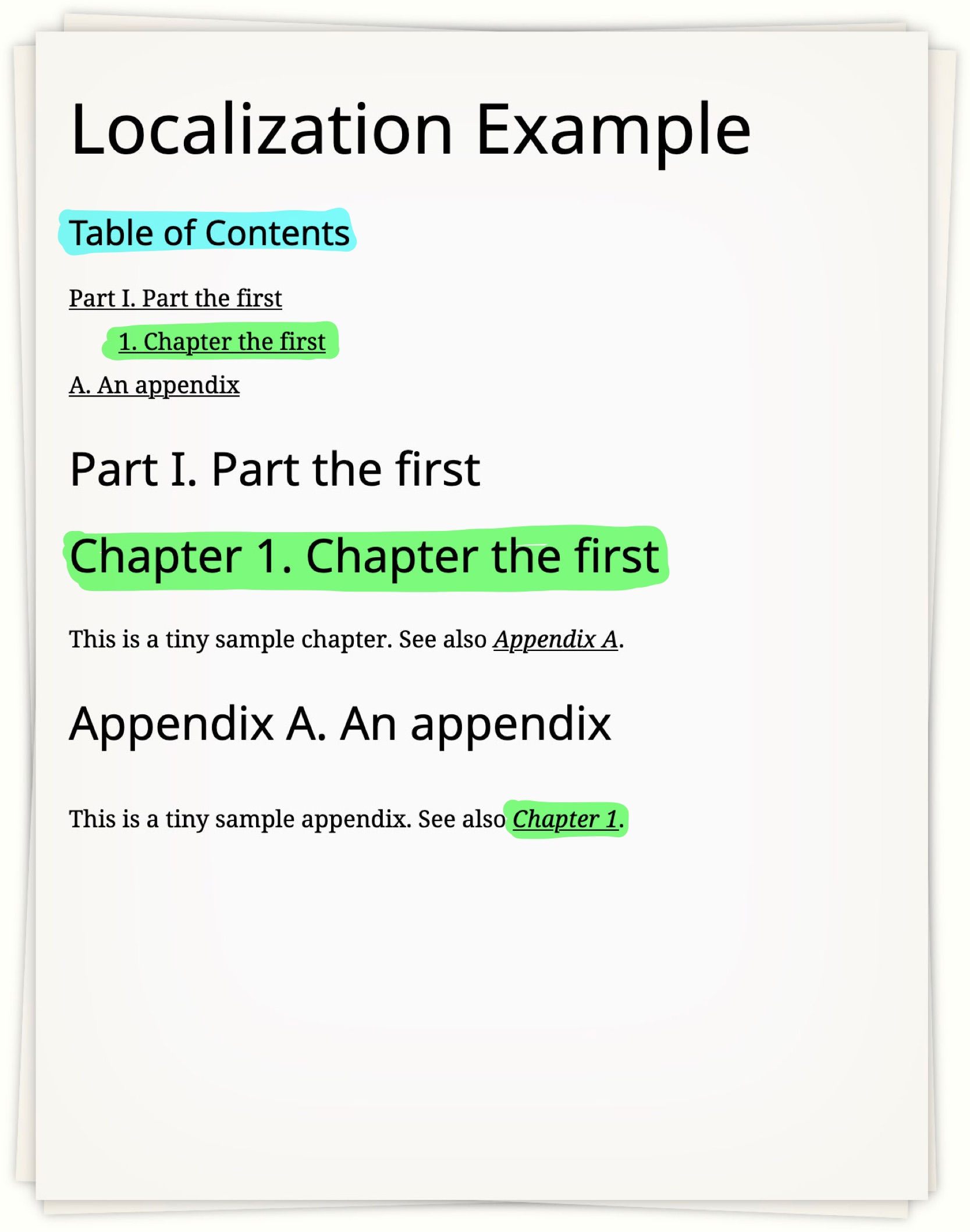 Image of a stack of papers with the example book published on the uppermost page. The published book includes additional generated text highlighted.